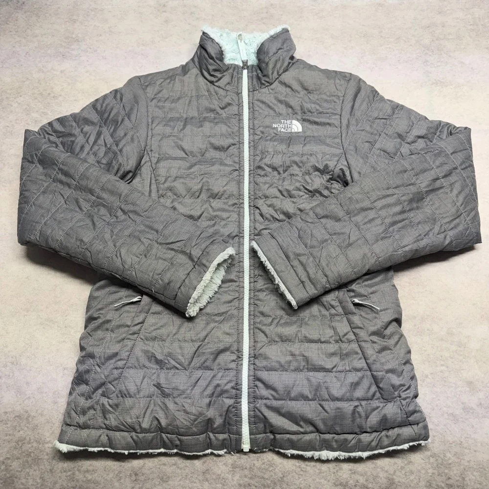 The North Face Reversible Mossbud Swirl Girls XL 18 Grey Mint Puffer Jacket